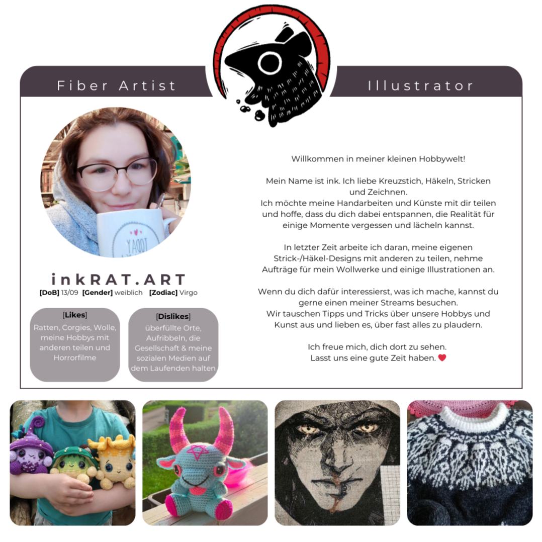 landing page inkRAT.ART, personal information, about me section, inkRAT.ART logo, black rat with red tail, very stylized